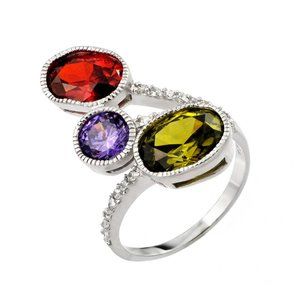Sterling Silver 925 Rhodium Plated Multi-Colored Three CZ Ring